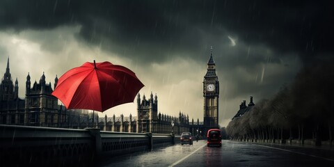 Red umbrella in the storm, Red Umbrella Flying through a Thunderstorm in Autumn, Along a London...