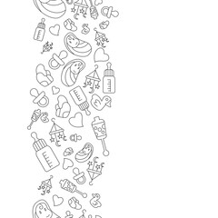 vertical doodle line babies and baby items seamless pattern on white background. vector abstract illustration.