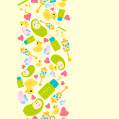 vertical colorful babies and baby items seamless pattern on white background. vector abstract illustration.