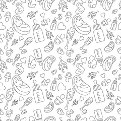 doodle line babies and baby items seamless pattern on white background. vector abstract illustration.