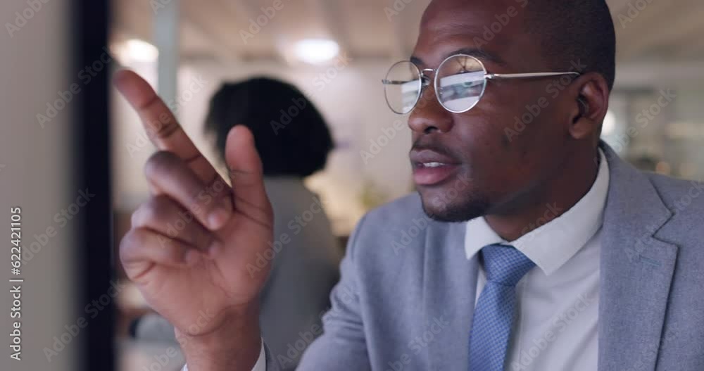 Aufkleber computer, face and business with black man and glasses in office for research or problem solving. te