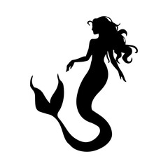 Vector illustration. Fish girl silhouette. Mermaid underwater. Fish tail. Fantasy. Set.