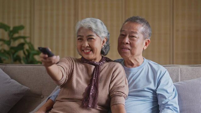 Elderly couple watching TV together in living room