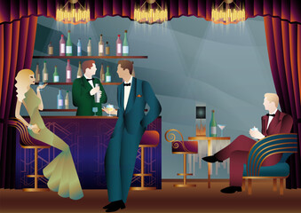 People have fun, sit and drink, retro party. Happy friends, people on a party vector concept. bartender standing at the bar