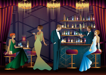 People have fun, sit and drink, retro party. Happy friends, people on a party vector concept. bartender standing at the bar