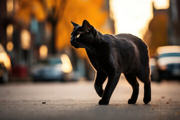 A black cat walking across a city street. Generative AI.