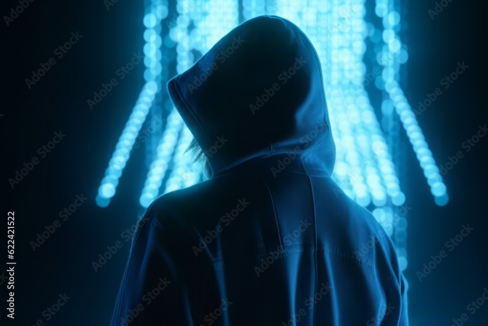Aufkleber Guardian of the Digital Realm: CGI Close-Up of a Hooded Figure in Front of a Closed Cyber Security Door in a Futuristic Cyberworld, Symbolizing Network Security and Safety