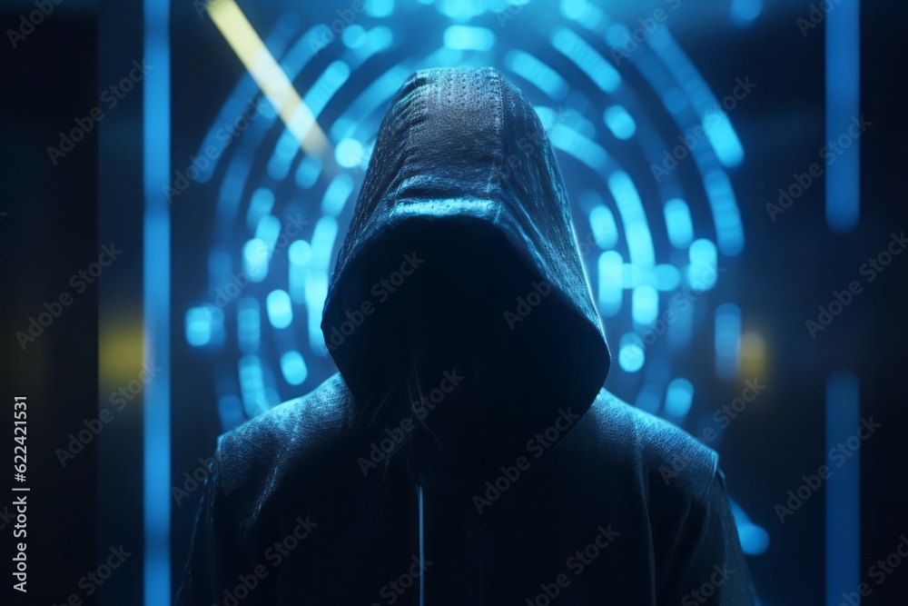 Poster Guardian of the Digital Realm: CGI Close-Up of a Hooded Figure in Front of a Closed Cyber Security Door in a Futuristic Cyberworld, Symbolizing Network Security and Safety
