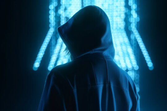 Guardian of the Digital Realm: CGI Close-Up of a Hooded Figure in Front of a Closed Cyber Security Door in a Futuristic Cyberworld, Symbolizing Network Security and Safety