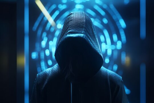 Guardian of the Digital Realm: CGI Close-Up of a Hooded Figure in Front of a Closed Cyber Security Door in a Futuristic Cyberworld, Symbolizing Network Security and Safety