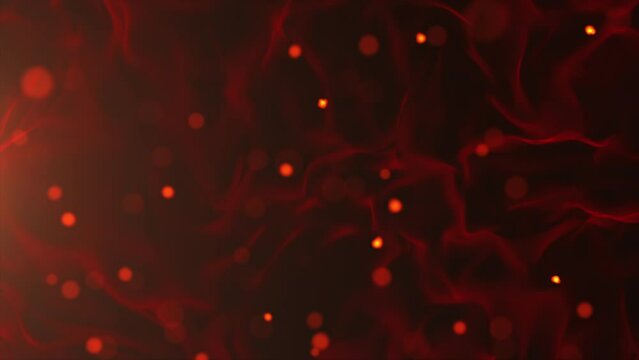 Smoke particles gently levitating in the air and changing the shape. Magic particles, red weightless veil. Fire flakes on dark red background. Fire sparkles. Technology, presentations. 4k.