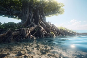 Tree roots invading ocean, Generative AI