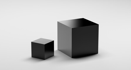 Black cubes on a white background. 2 geometric cubes, squares. Minimalistic cube abstraction, background, banner. 3D render