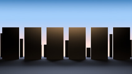 Abstract forms of blocks, houses at sunset or sunrise. The concept of building houses, structures. 3D render