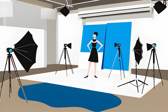 generative ki, fiktive szene: frau model steht beim fotoshooting foto session fotograf fotosession pose posing casual