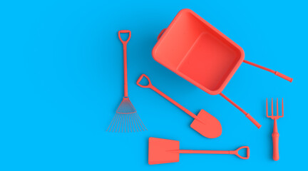 Garden wheelbarrow with garden tools like shovel, rake and fork on monochrome