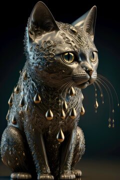 Metallic Cat Statue with Teardrop Whiskers
