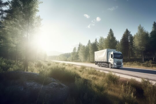 truck on the road, Photographic CGI of a White Drone Carrying a Package, Speeding Over a Highway with Trucks, Connecting Urban and Rural Landscapes Amidst a Summer Forest