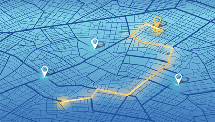 Fototapeta premium Isometric Gps map navigation to own house. City top view. View from above the map. Detailed view of city. Decorative graphic tourist map. Abstract transportation background. Vector, illustration.