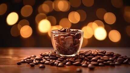 Coffee beans in a glass cup on a wooden table with bokeh background