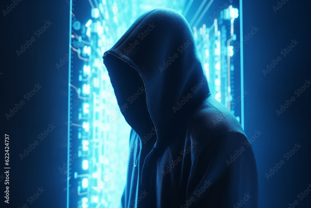 Aufkleber Guardian of the Digital Realm: CGI Close-Up of a Hooded Figure in Front of a Closed Cyber Security Door in a Futuristic Cyberworld, Symbolizing Network Security and Safety