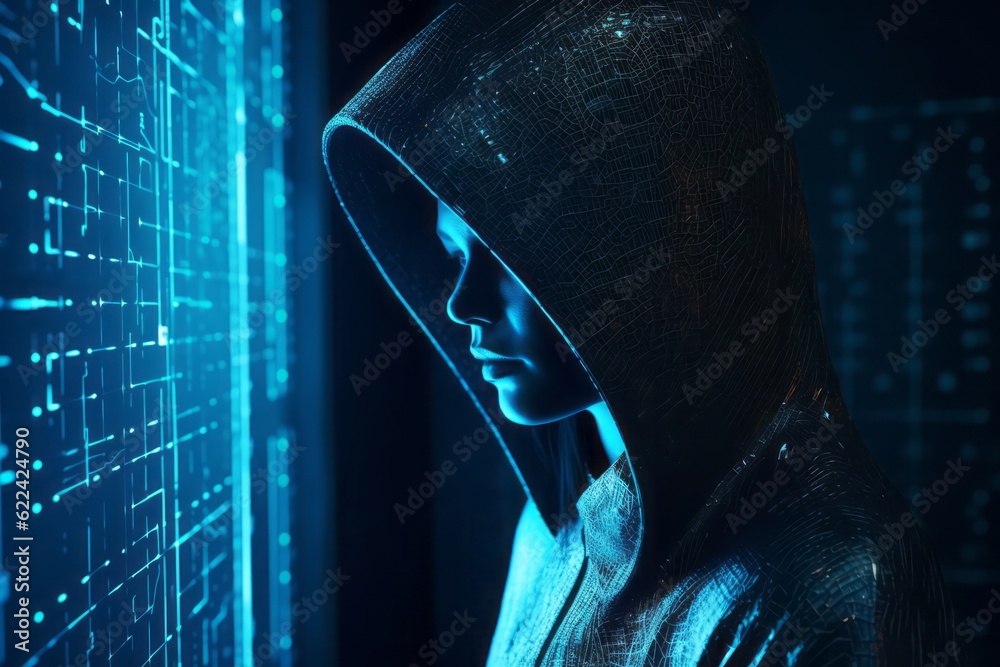 Aufkleber close-up of a hooded man in front of a closed cyber security door in a futuristic cyberworld, symbol