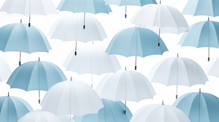 blue and white umbrellas and rain drops on a white background - obrazy, fototapety, plakaty