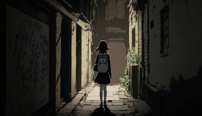 Girl walking alone in a dark alleyway. genarative AI.