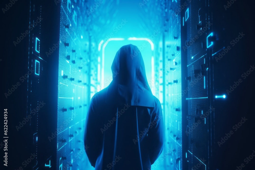 Aufkleber Guardian of the Digital Realm: CGI Close-Up of a Hooded Figure in Front of a Closed Cyber Security Door in a Futuristic Cyberworld, Symbolizing Network Security and Safety
