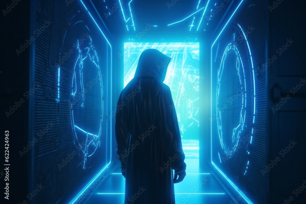 Poster Guardian of the Digital Realm: CGI Close-Up of a Hooded Figure in Front of a Closed Cyber Security Door in a Futuristic Cyberworld, Symbolizing Network Security and Safety