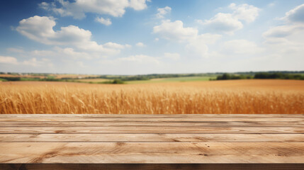 Wooden table with fields and clouds background