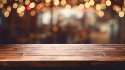 Wooden table  blurry christmas lights background