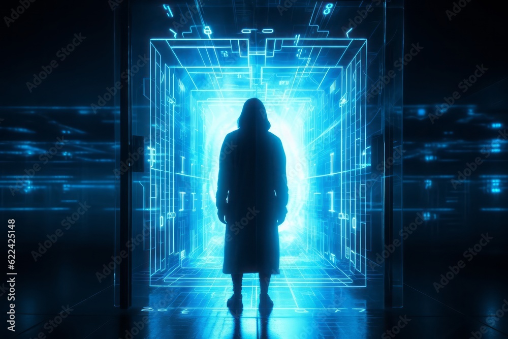 Aufkleber Guardian of the Digital Realm: CGI Close-Up of a Hooded Figure in Front of a Closed Cyber Security Door in a Futuristic Cyberworld, Symbolizing Network Security and Safety