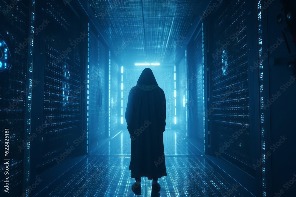 Poster guardian of the digital realm: cgi close-up of a hooded figure in front of a closed cyber security d