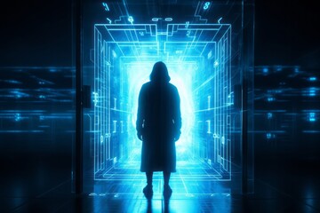 Guardian of the Digital Realm: CGI Close-Up of a Hooded Figure in Front of a Closed Cyber Security Door in a Futuristic Cyberworld, Symbolizing Network Security and Safety