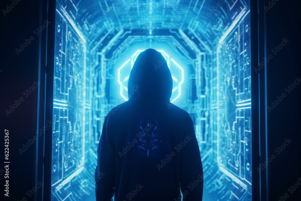 Poster guardian of the digital realm: cgi close-up of a hooded figure in front of a closed cyber security d