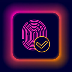 Glowing neon line Fingerprint icon isolated on black background. ID app icon. Identification sign. Touch id. Colorful outline concept. Vector