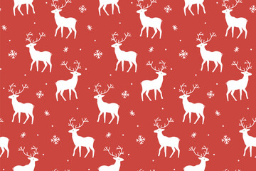 Red Christmas pattern, deer illustrations. Gift wrapping paper design, vector seamless background for winter holidays - 622425730