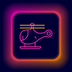 Glowing neon line Helicopter aircraft vehicle icon isolated on black background. Colorful outline concept. Vector