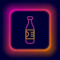 Glowing neon line Bottle of water icon isolated on black background. Soda aqua drink sign. Colorful outline concept. Vector