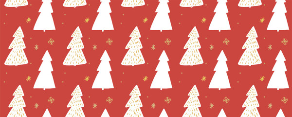 Christmas tree pattern, seamless background for wrapping paper, hand drawn spruces and snowflakes on red