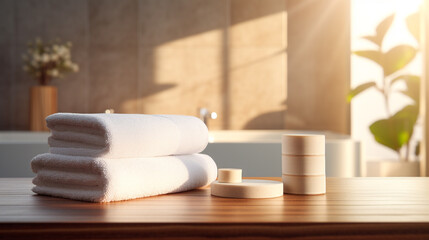 Fototapeta na wymiar Towels stacked in a bathroom, bathroom display