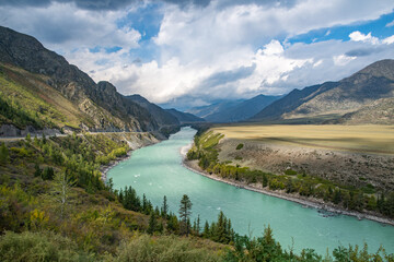 Fototapeta na wymiar View of the Katun river and Altai mountains. Altai Republic, Siberia, Russia.