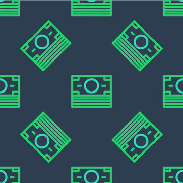 Line Stacks paper money cash icon isolated seamless pattern on blue background. Money banknotes stacks. Bill currency. Vector
