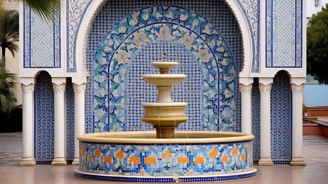 Morocco. Decorated fountain with mosaic tiles in Rabat Generative AI