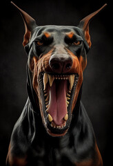 Angry doberman on a black background. AI Generated