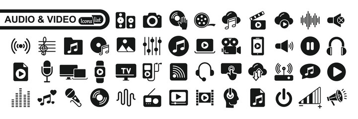 Audio Video Icons Pack. Flat icon collection set. Simple vector icons - obrazy, fototapety, plakaty