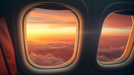Fototapeta premium Sunset view from airplane window above the clouds