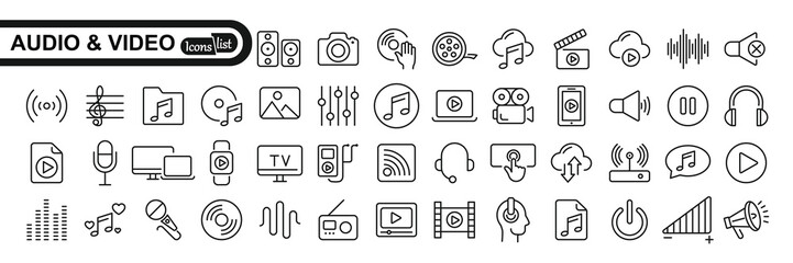 Audio Video icon set. Line icon collection set. Music, Cinema, File, Song, Movie and more. Simple vector icons. Vector illustration