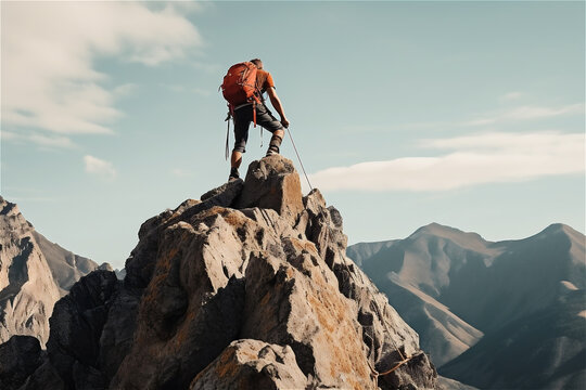 Person standing on top of a mountain and enjoying view of nature. AI generated content © Elena